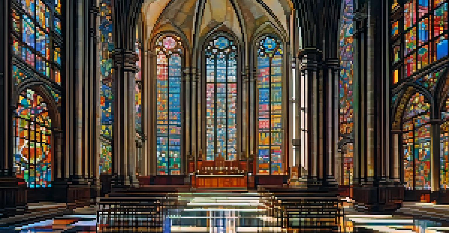 The interior of the São Paulo Cathedral with stained glass windows casting colorful light on the nave.