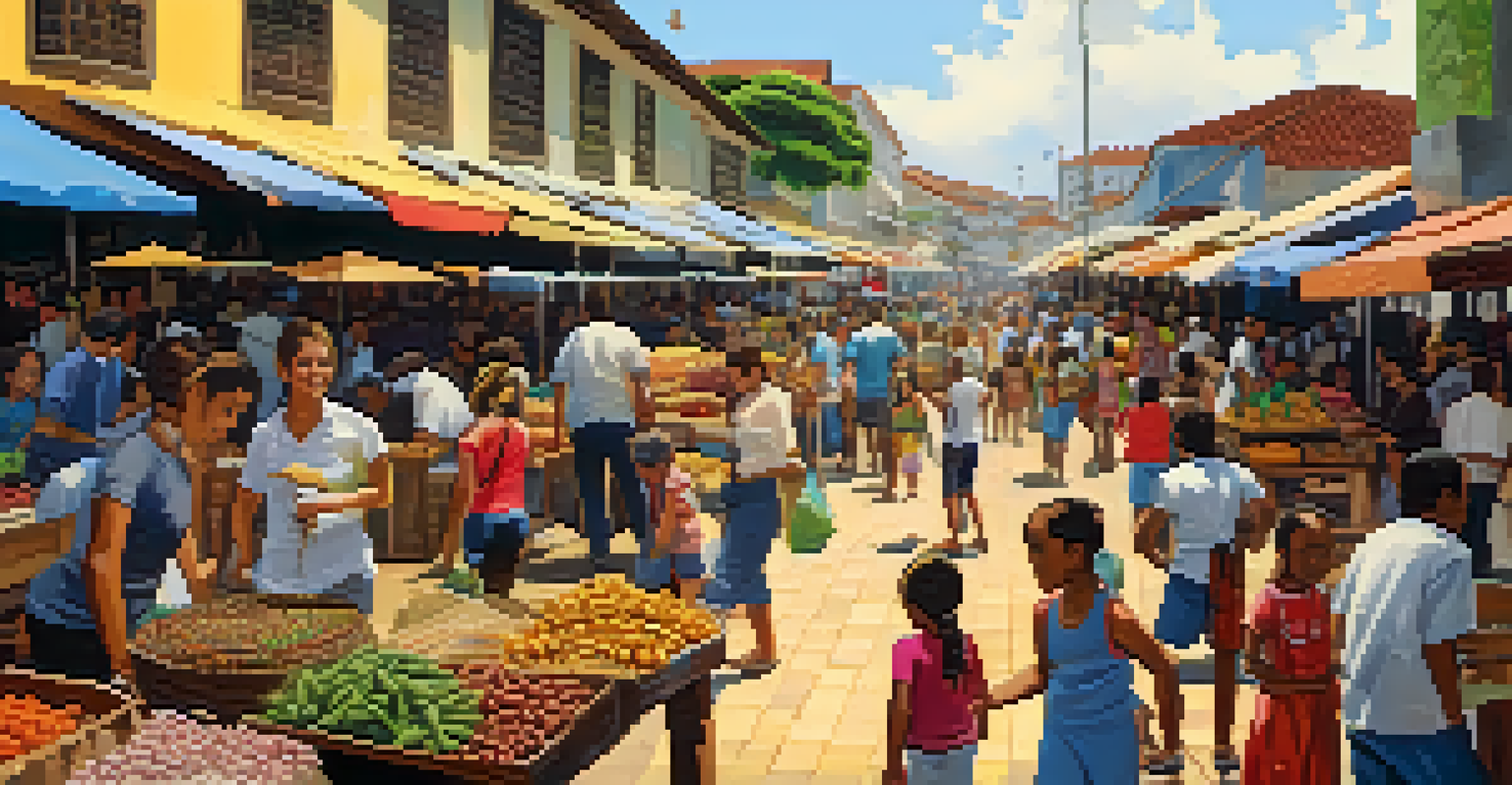 A vibrant market scene at Mercado Modelo in Salvador, with families and a capoeira performance.