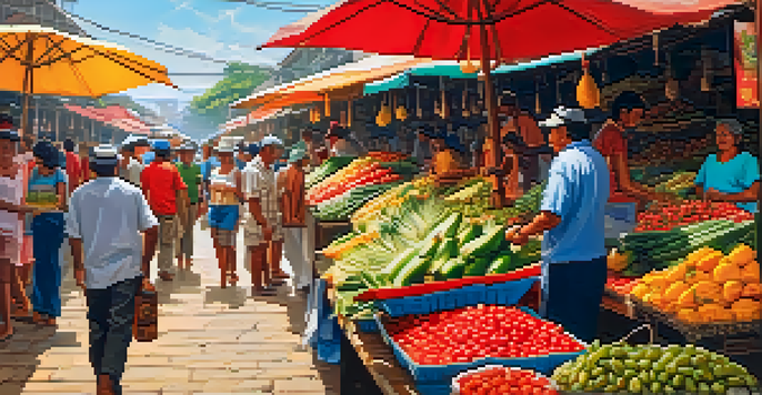 A colorful and bustling market scene in Belém, Brazil, with various stalls selling fresh fish and exotic fruits under bright sunlight.