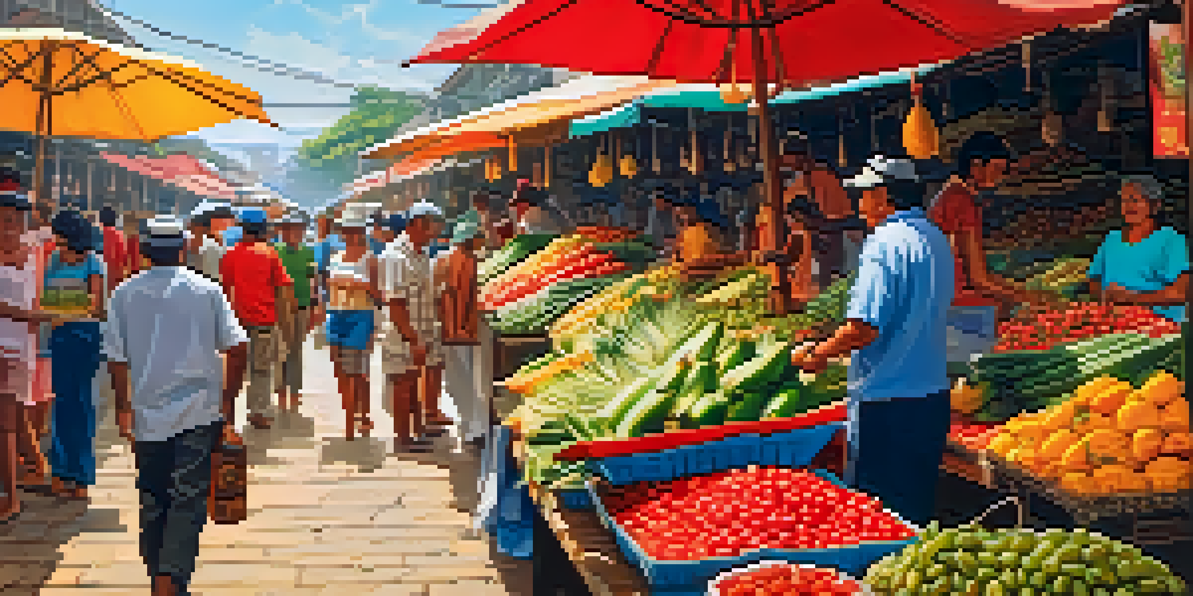 A colorful and bustling market scene in Belém, Brazil, with various stalls selling fresh fish and exotic fruits under bright sunlight.