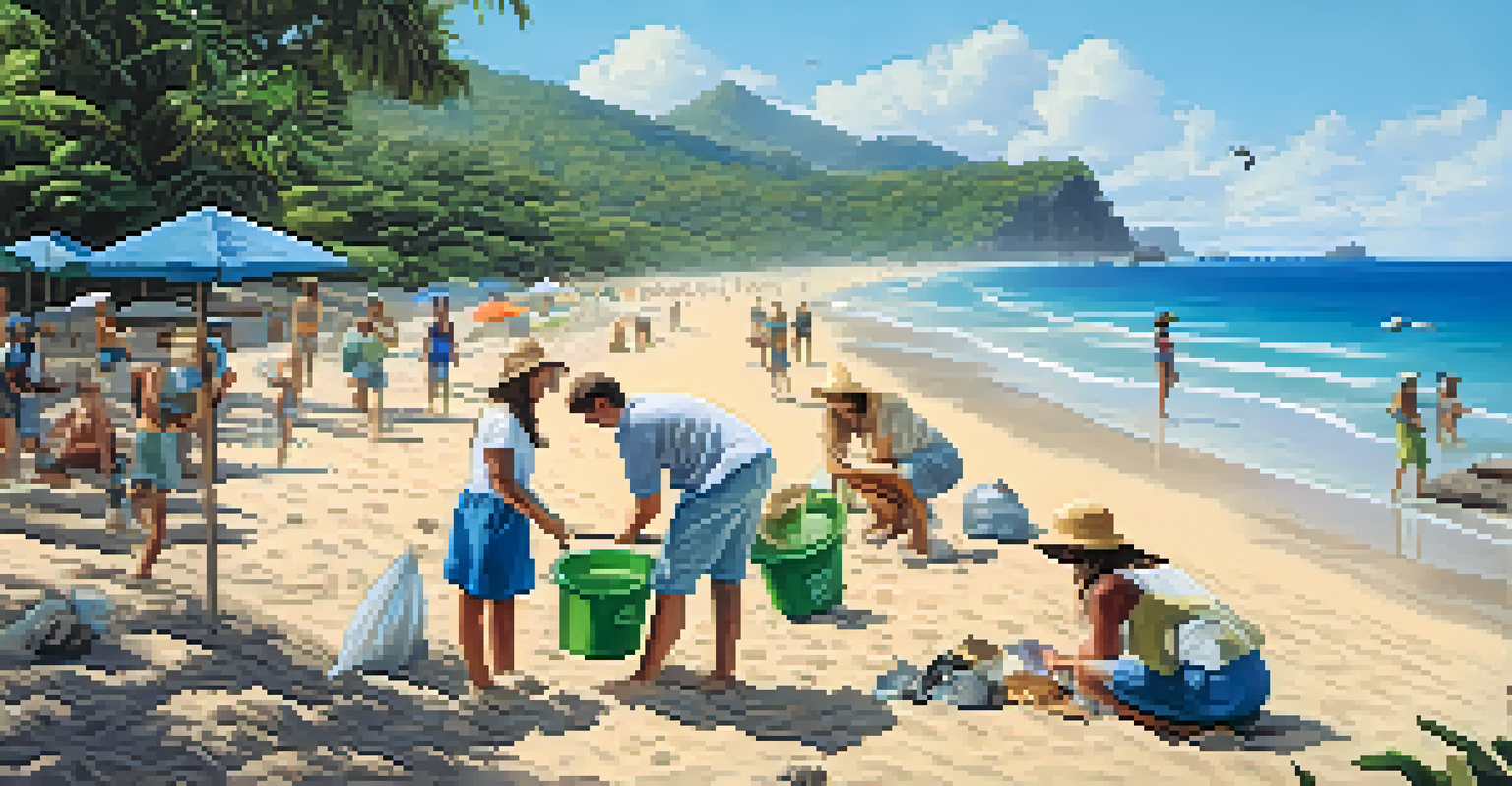 A beautiful Brazilian beach with tourists participating in a clean-up, clear blue waters, and eco-friendly resorts in the background.