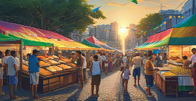 A lively Brazilian street food market with vendors selling coxinhas and pastéis, surrounded by a crowd enjoying their food and street performers.