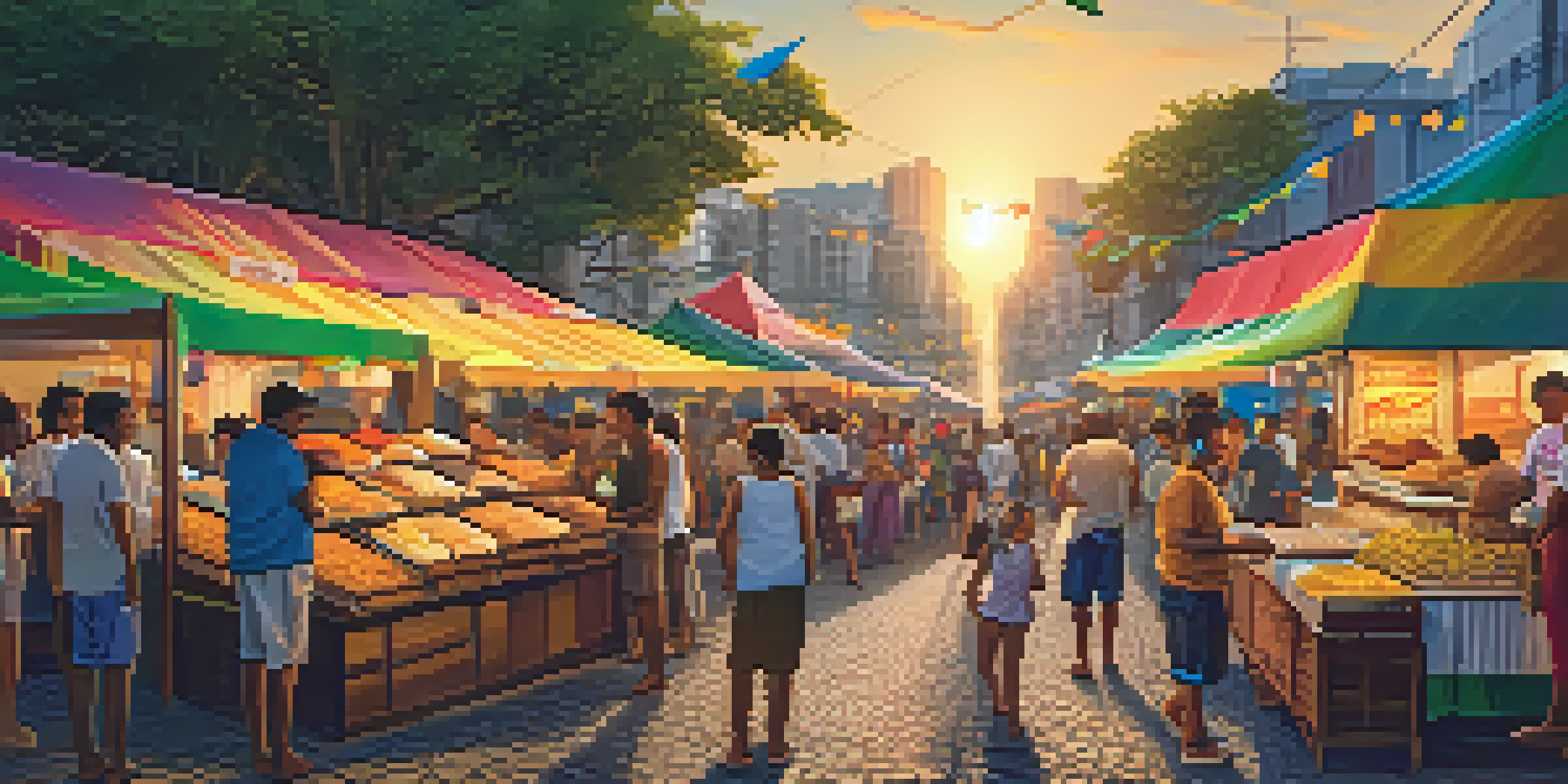 A lively Brazilian street food market with vendors selling coxinhas and pastéis, surrounded by a crowd enjoying their food and street performers.