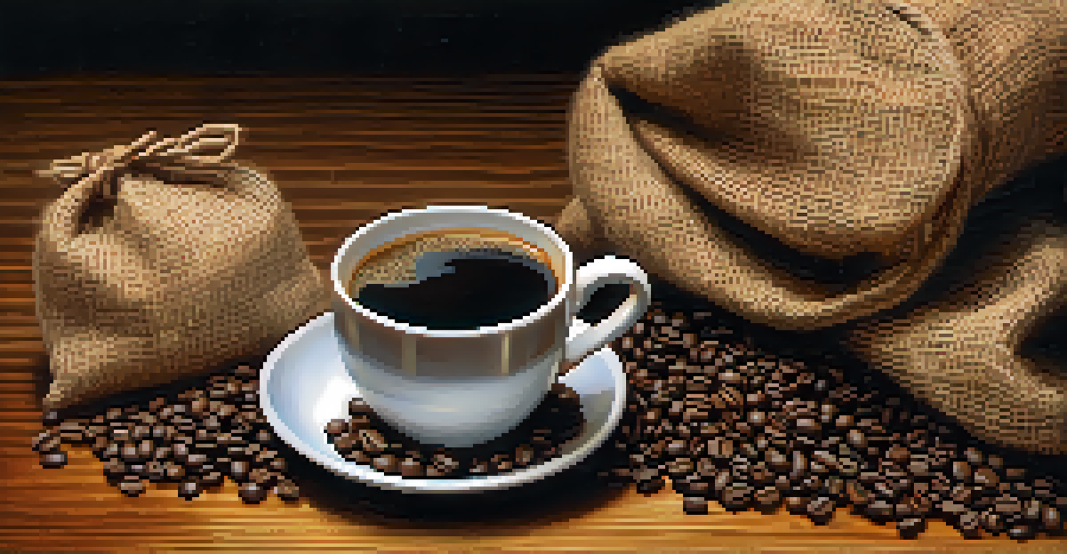 An arrangement of burlap sacks filled with coffee beans next to a steaming cup of coffee.