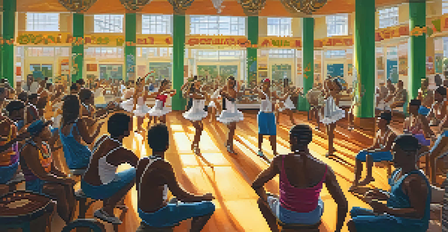 A rehearsal inside a samba school, showing dancers practicing with musical instruments and colorful decorations.