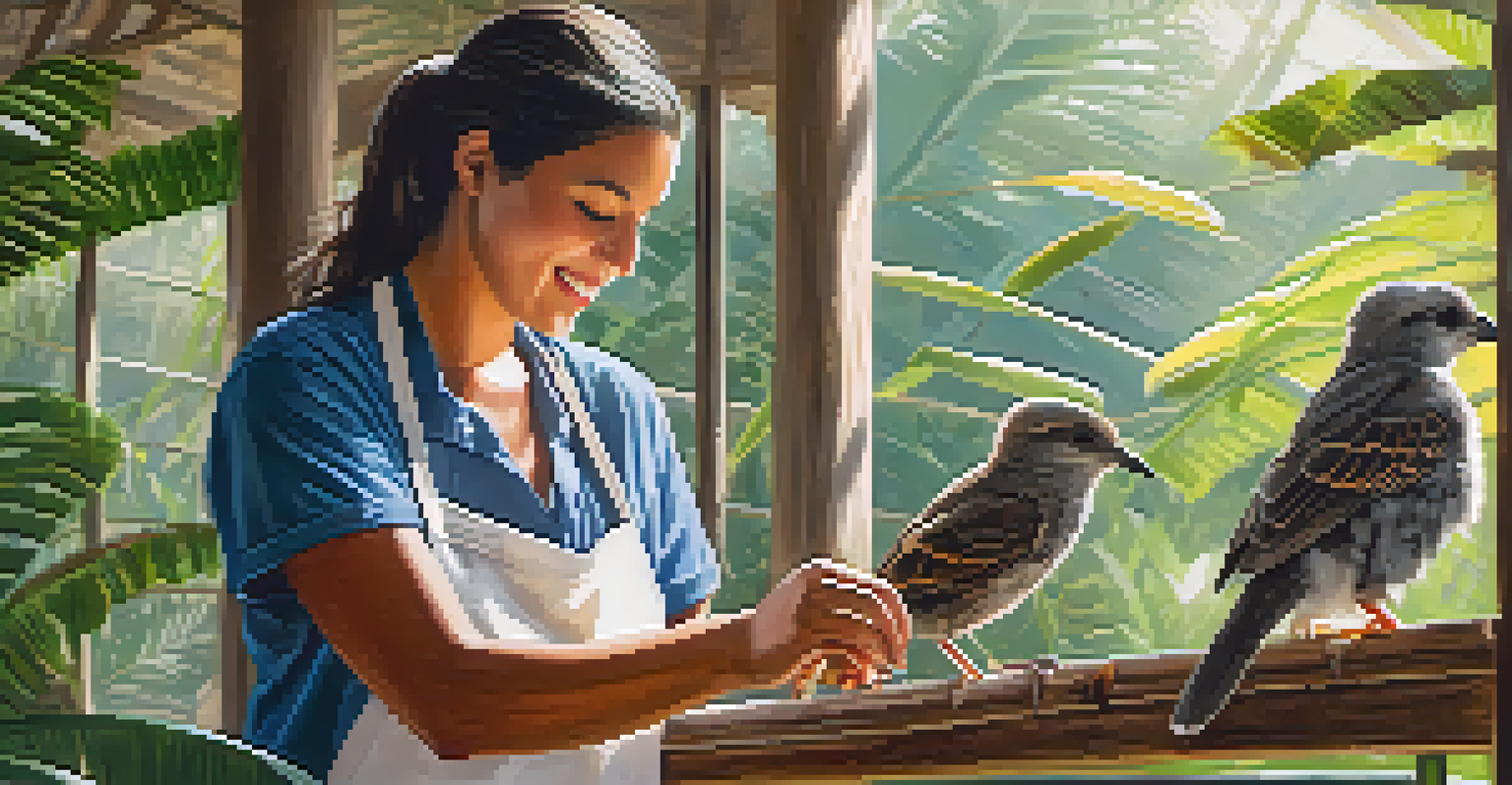 A wildlife rehabilitation center with caretakers caring for an injured bird, surrounded by greenery and natural light.