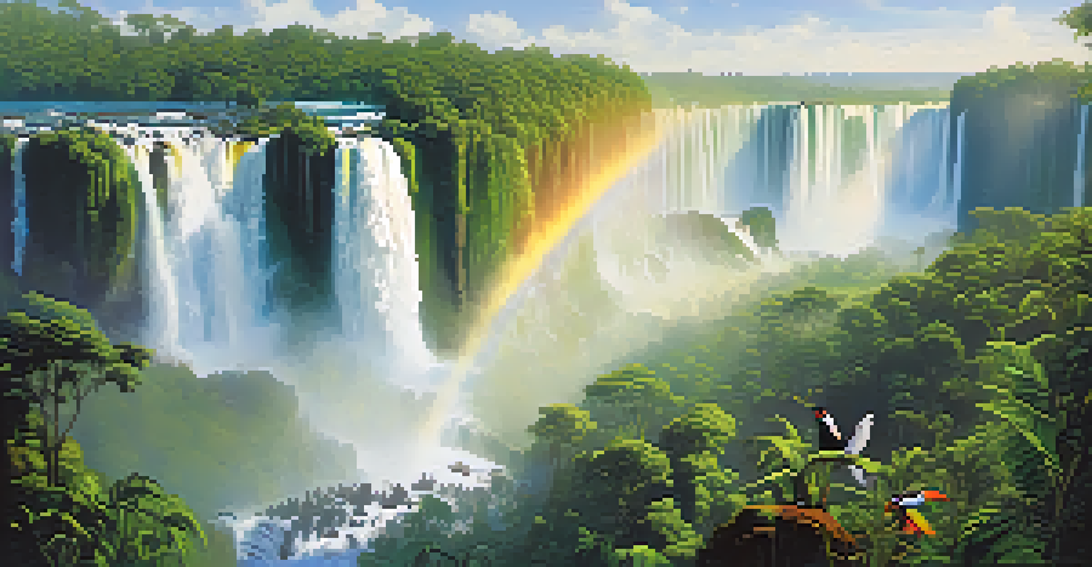 A breathtaking view of Iguazu Falls with toucans and butterflies in the foreground amidst the rainforest.