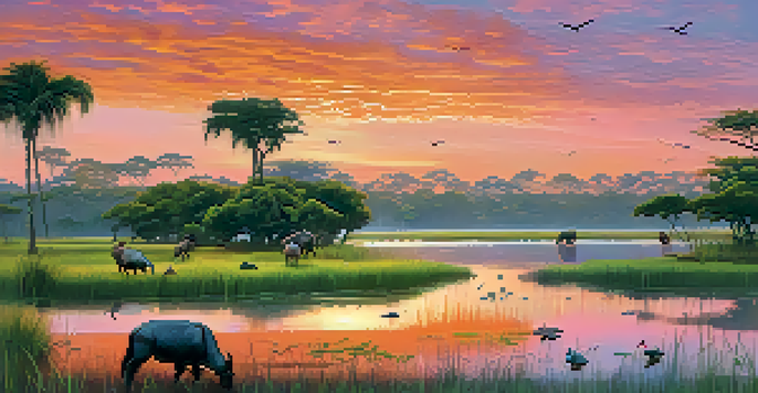 A picturesque sunset over the Pantanal wetlands featuring capybaras grazing and colorful birds in the sky.