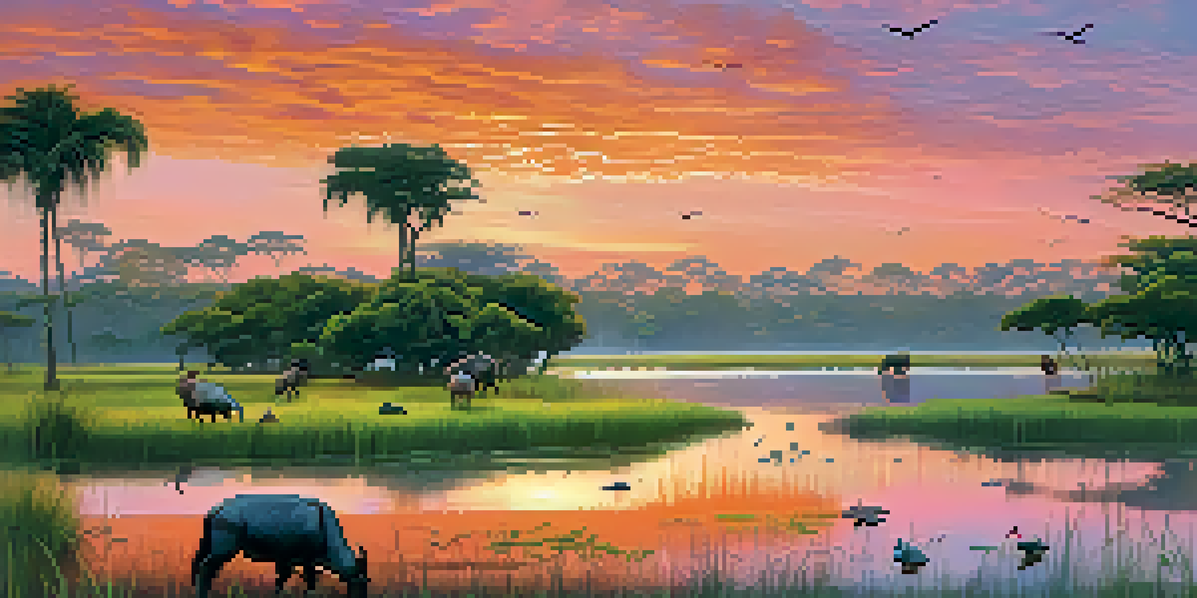 A picturesque sunset over the Pantanal wetlands featuring capybaras grazing and colorful birds in the sky.