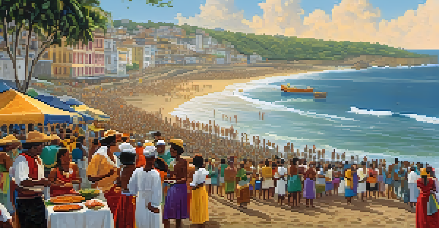 Festival de Iemanjá at the beach in Salvador, Bahia, with participants preparing moqueca and offerings to the goddess Iemanjá, against a backdrop of ocean waves.