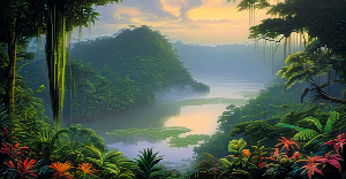 A lush Amazon rainforest scene at dawn, with mist, vibrant greenery, and colorful flowers, reflecting in floodwaters and wildlife in the background.