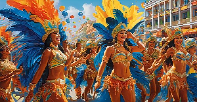 A lively carnival parade in Brazil with dancers in colorful costumes and decorated floats under a clear blue sky.