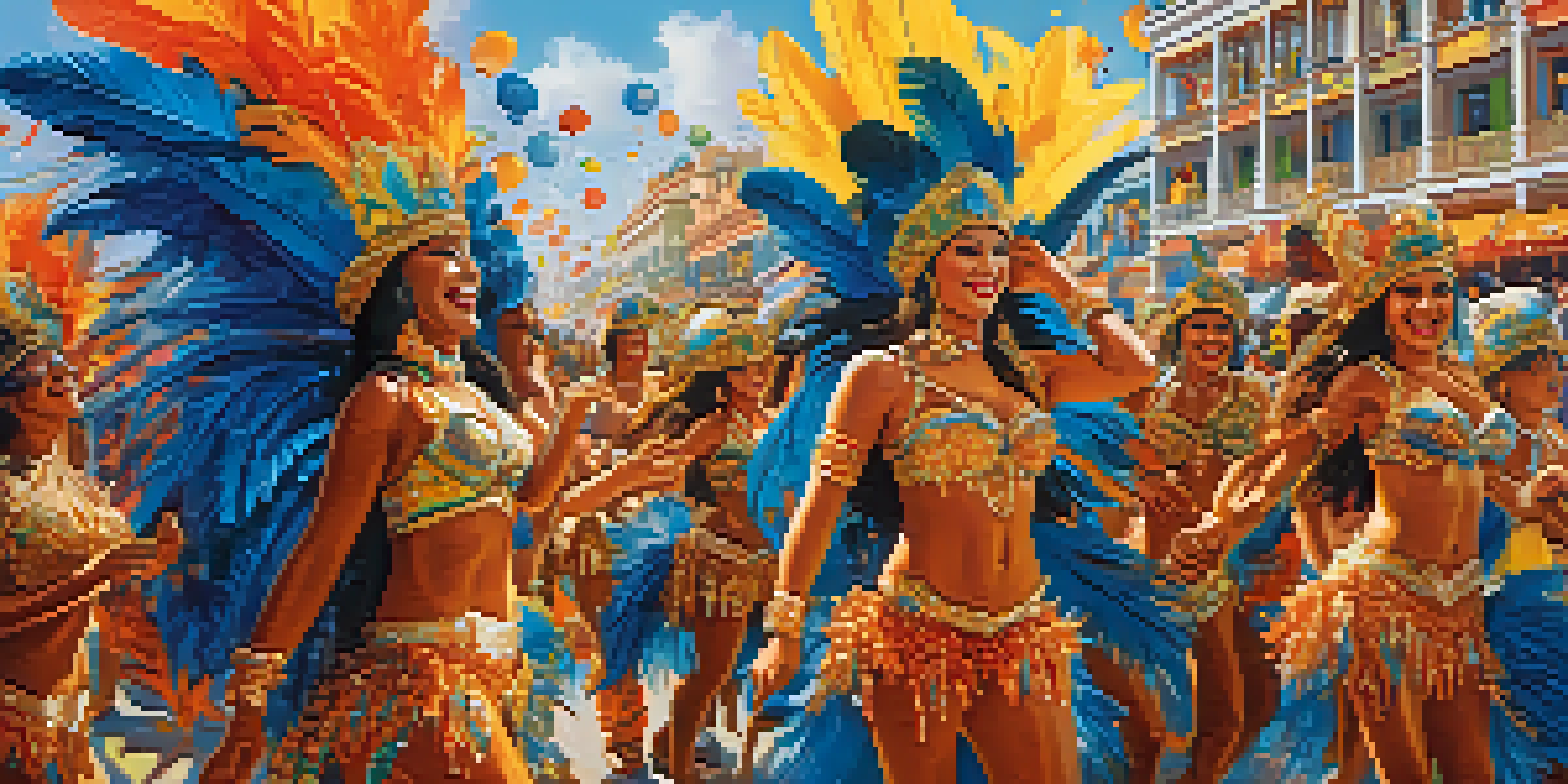 A lively carnival parade in Brazil with dancers in colorful costumes and decorated floats under a clear blue sky.