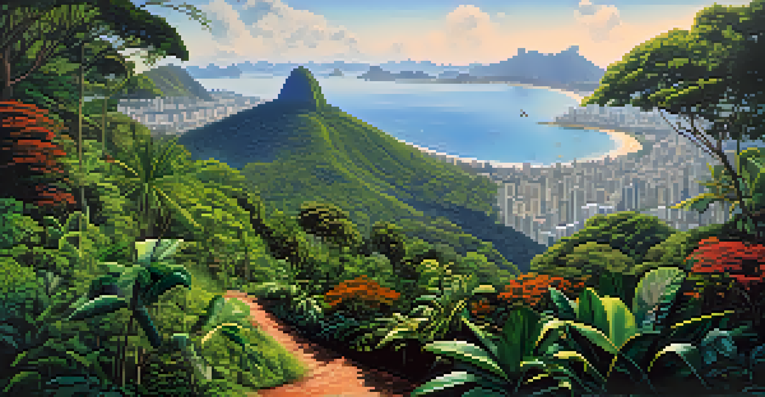 Trail in the Tijuca National Park leading to Pico da Tijuca, surrounded by lush rainforest and vibrant wildlife.