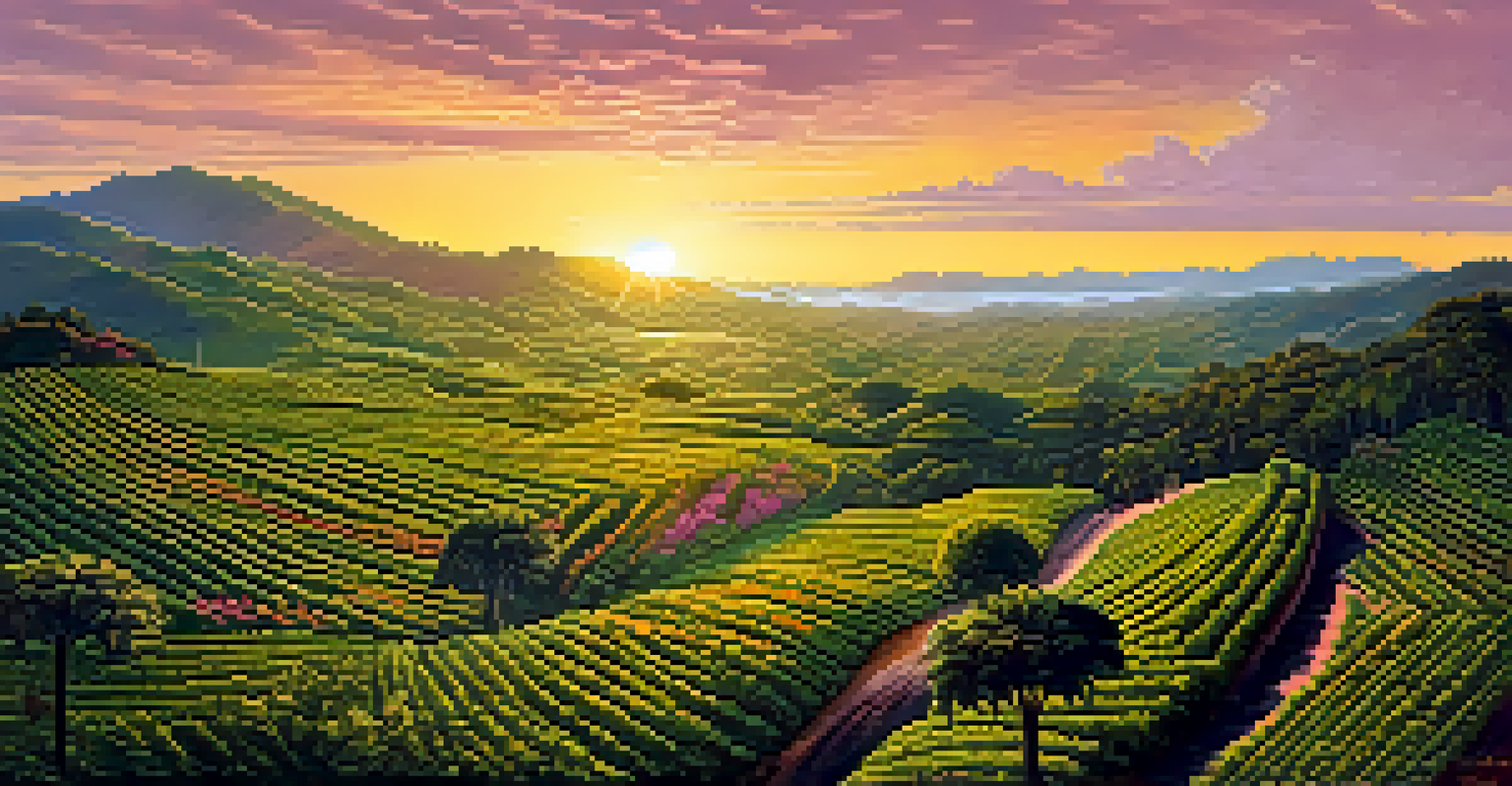 An aerial view of coffee plantations along the Coffee Route in Brazil during sunset.