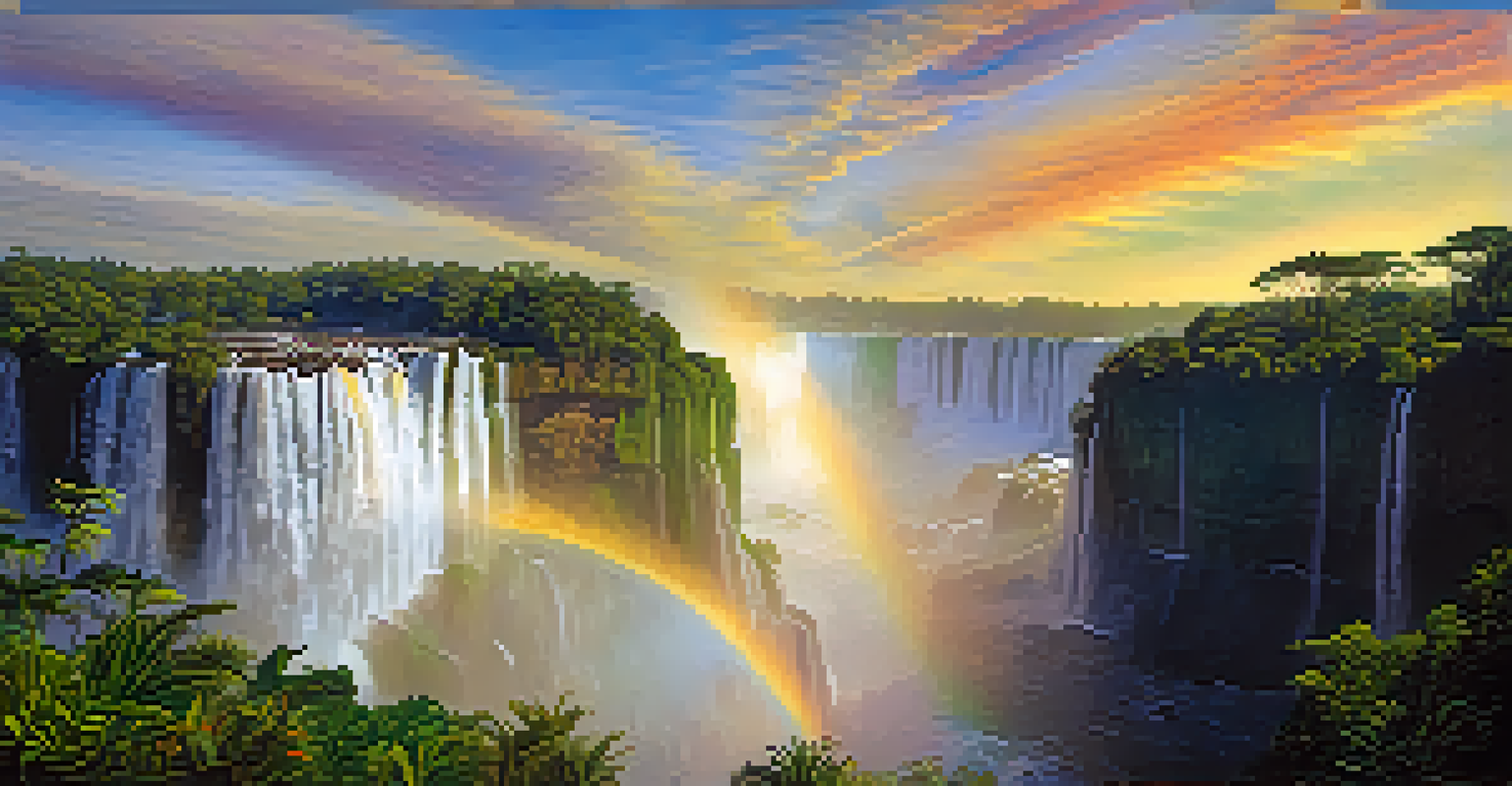 A hiker standing at the edge of Iguaçu Falls at sunset, witnessing the colorful mist and cascading water.