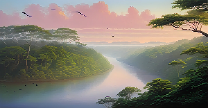A beautiful sunrise over a Brazilian national park with green forests and a river.
