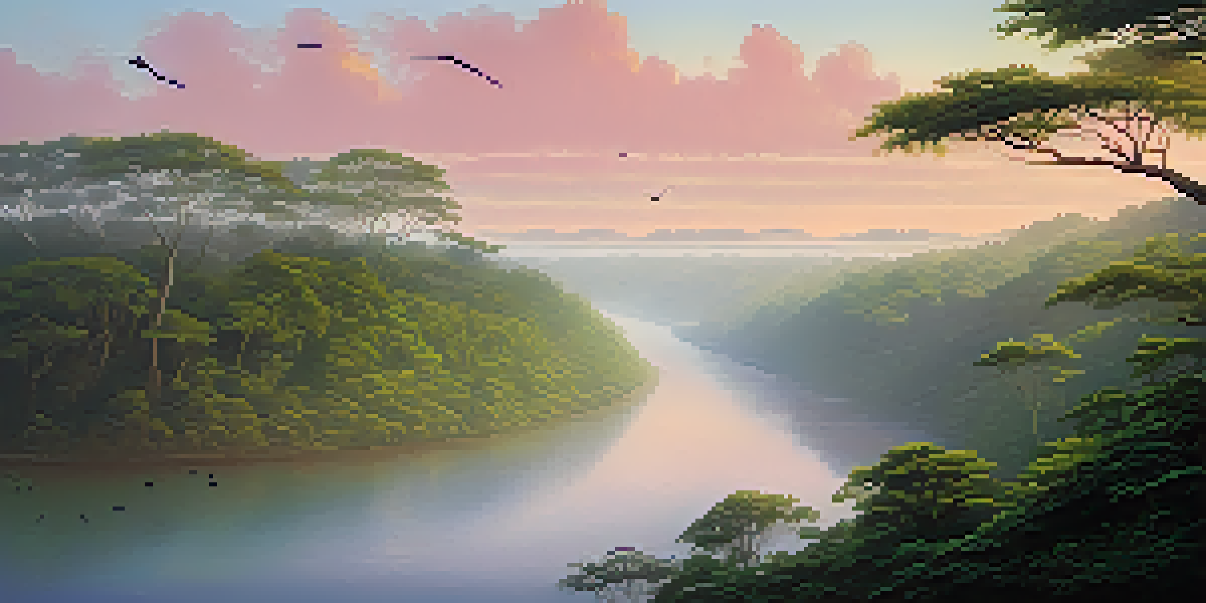 A beautiful sunrise over a Brazilian national park with green forests and a river.