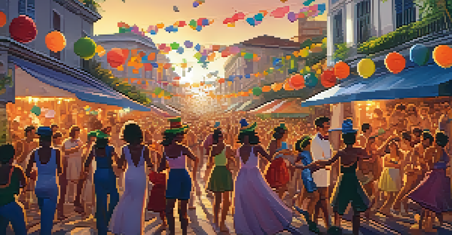 A joyful street party during Rio Carnival with people dancing in themed costumes, colorful props, and a warm sunset in the background.
