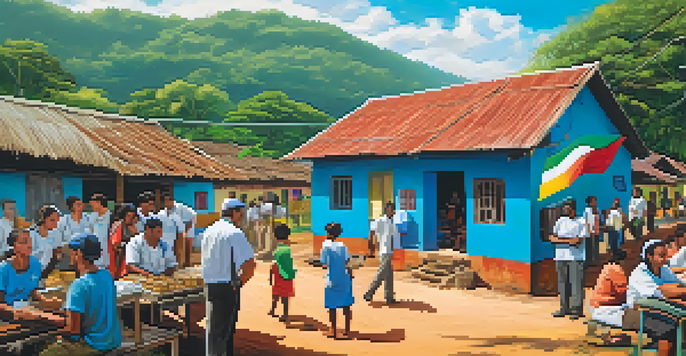 A scene depicting healthcare volunteers engaging with locals in a rural Brazilian setting, surrounded by greenery and a clear sky.