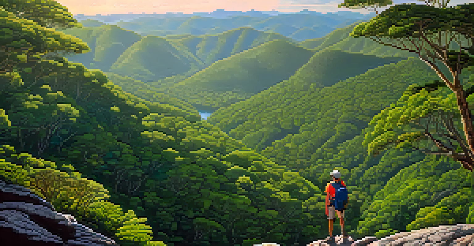 A hiker on a rocky ledge in a lush rainforest, with sunlight filtering through the trees, capturing a stunning view of the mountains and vibrant wildlife.