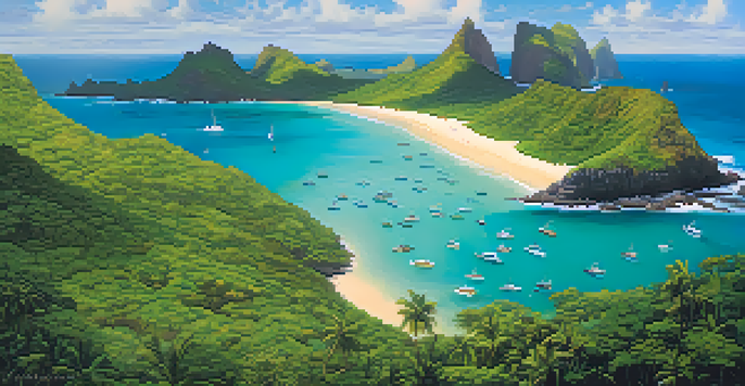 An aerial view of Fernando de Noronha featuring turquoise waters, green hills, and golden beaches with shimmering sunlight on the ocean.