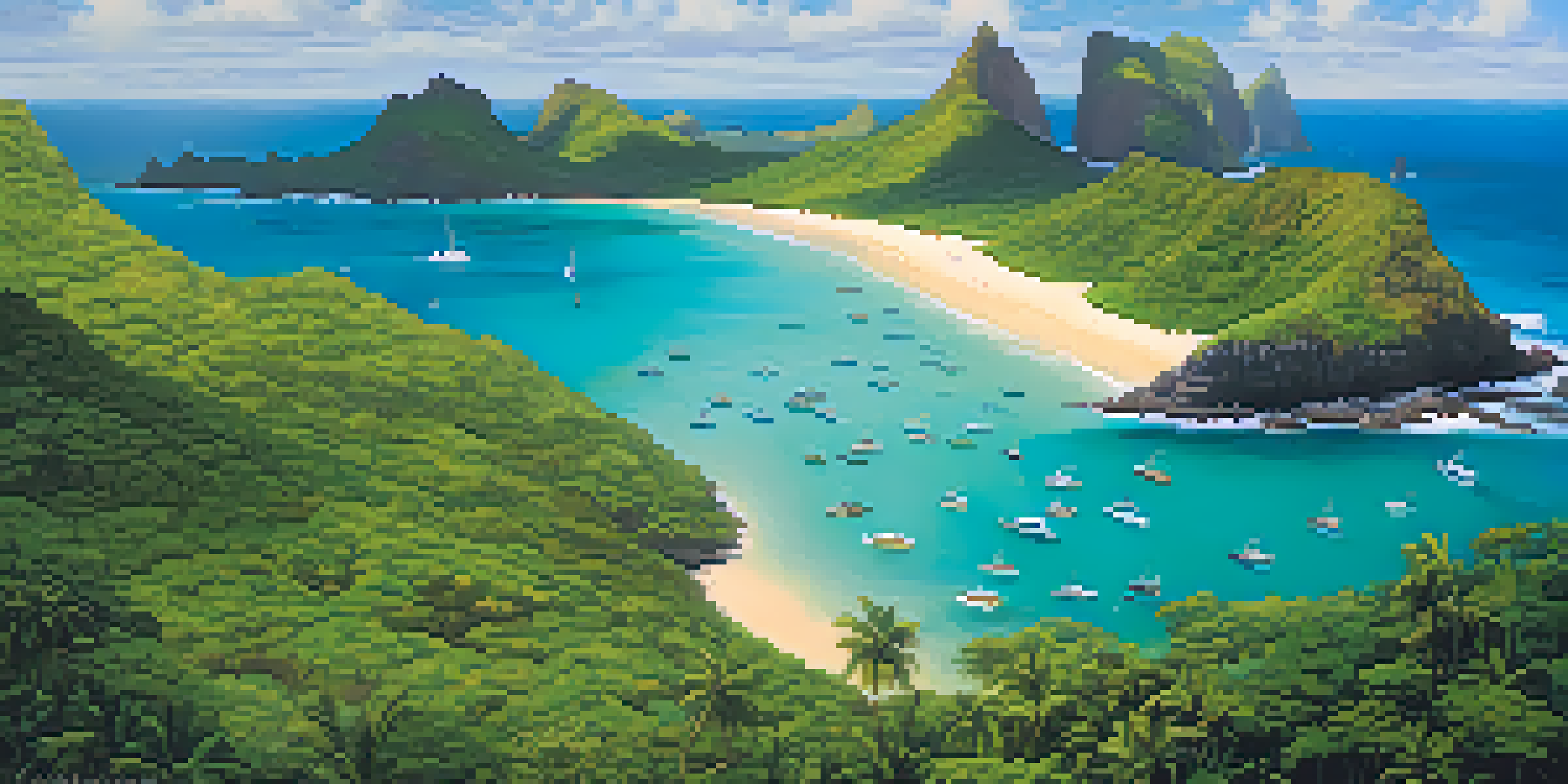 An aerial view of Fernando de Noronha featuring turquoise waters, green hills, and golden beaches with shimmering sunlight on the ocean.