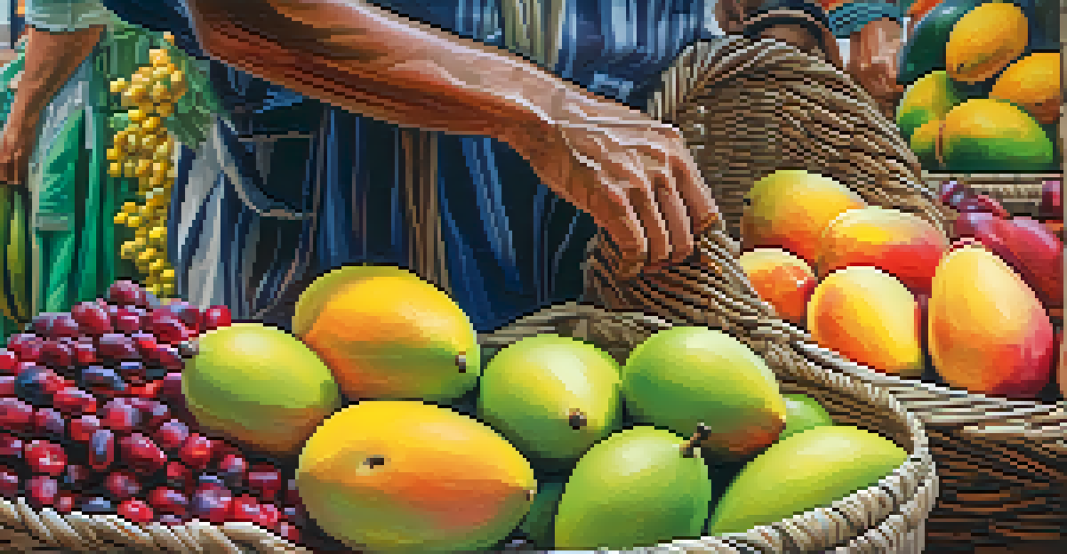 A close-up of a farmer holding a basket of tropical fruits with a blurred market scene in the background.
