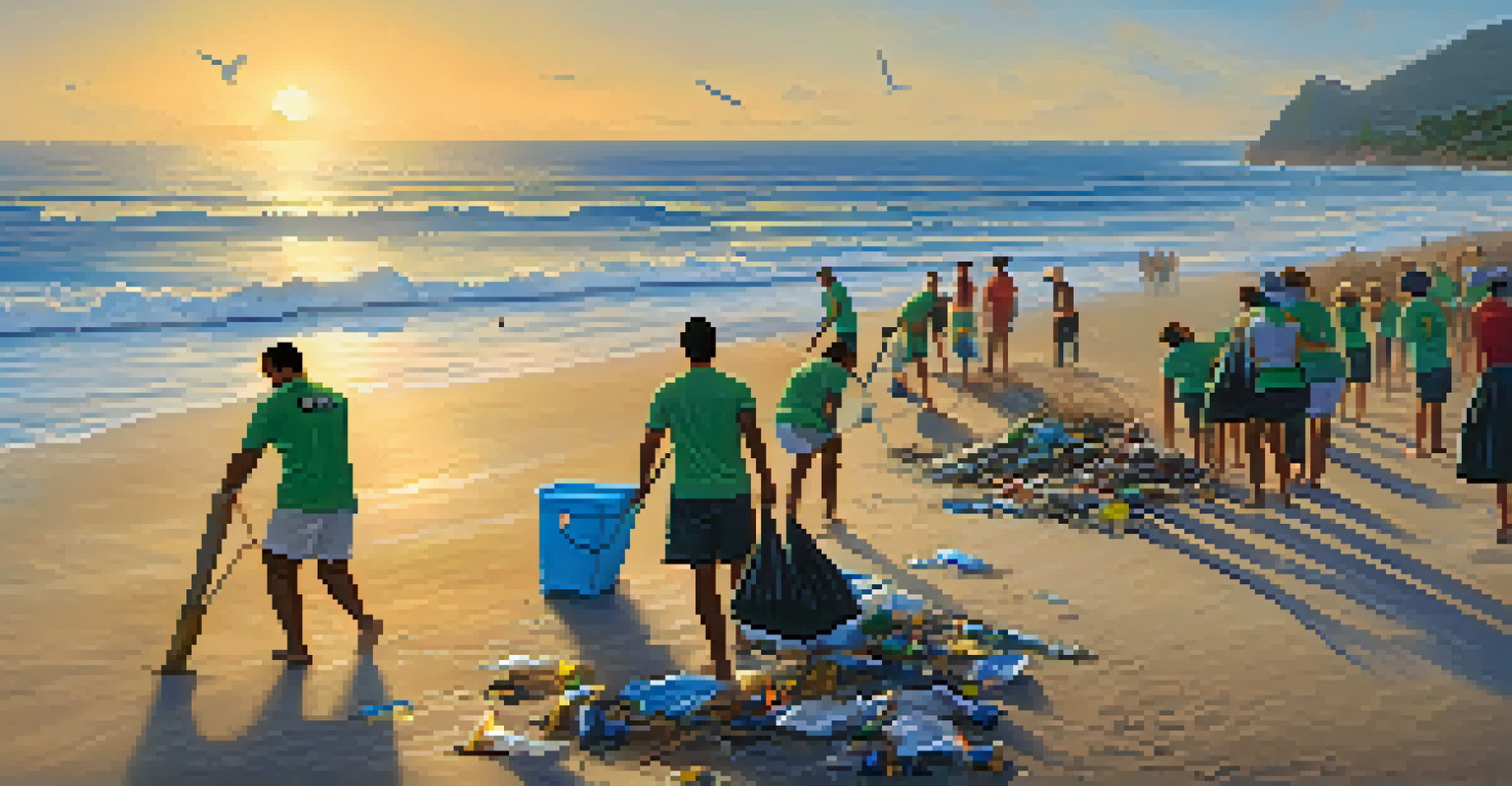 Volunteers cleaning a Brazilian beach, picking up trash along the sandy shore with the sunset in the background and ocean waves.