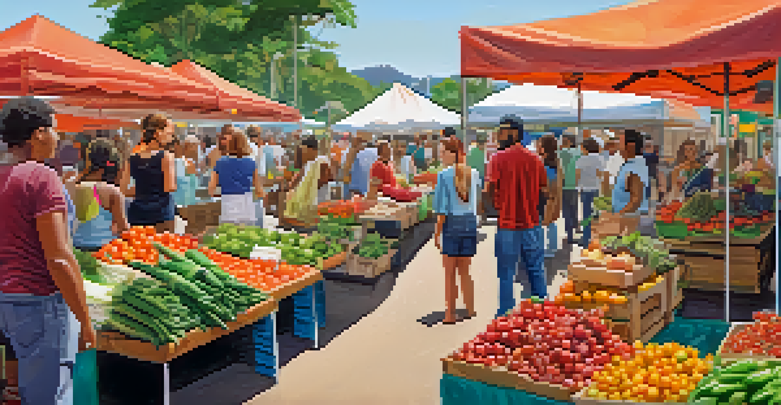 A market scene at a Brazilian festival with organic produce, plant-based dishes, and vendors interacting with attendees.