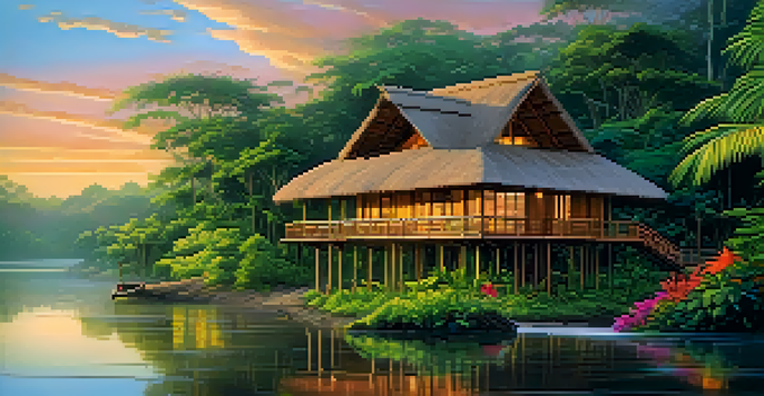 A picturesque eco-lodge in the Amazon rainforest with wooden architecture and large windows, surrounded by lush vegetation and colorful birds.
