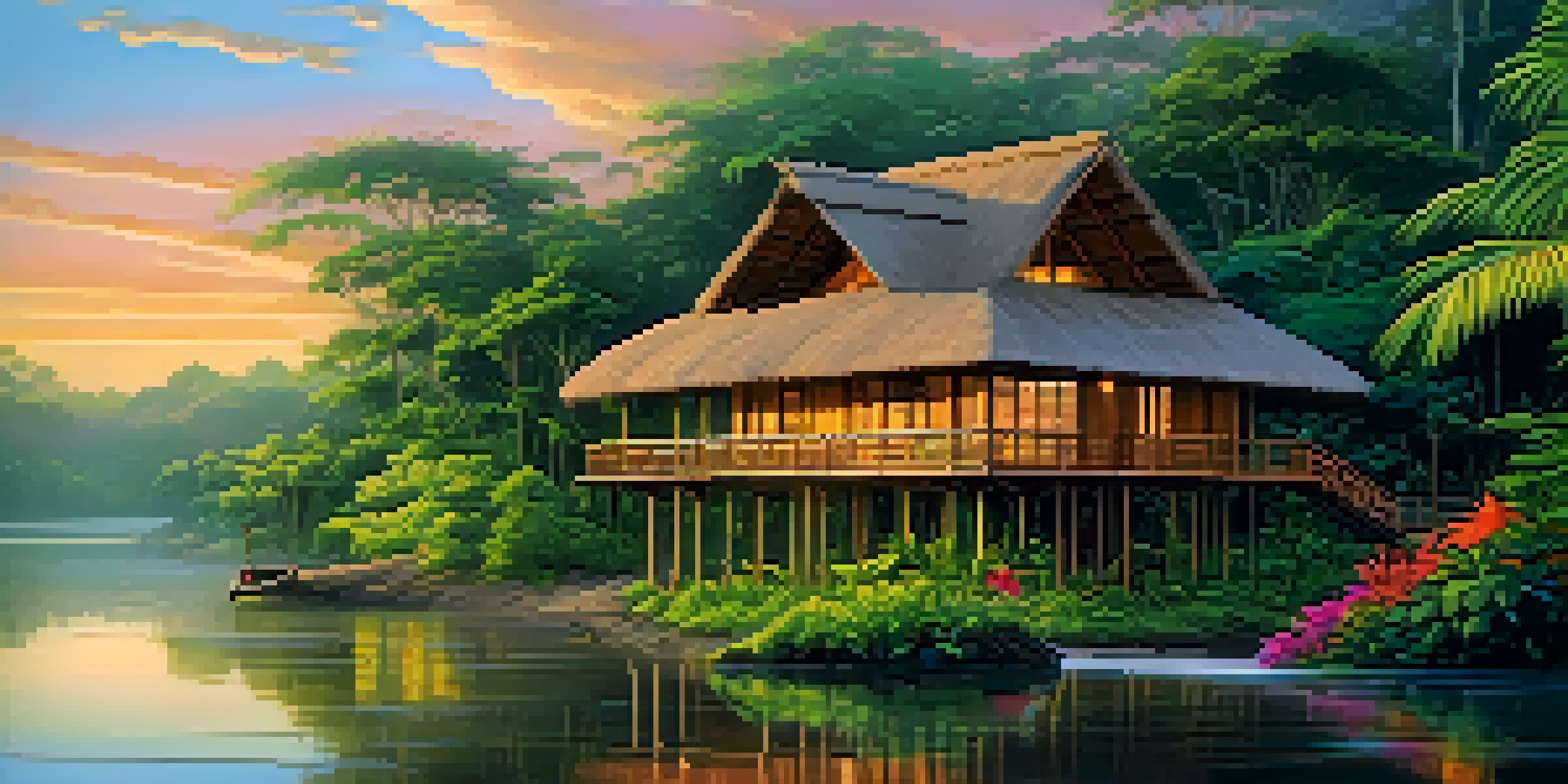 A picturesque eco-lodge in the Amazon rainforest with wooden architecture and large windows, surrounded by lush vegetation and colorful birds.
