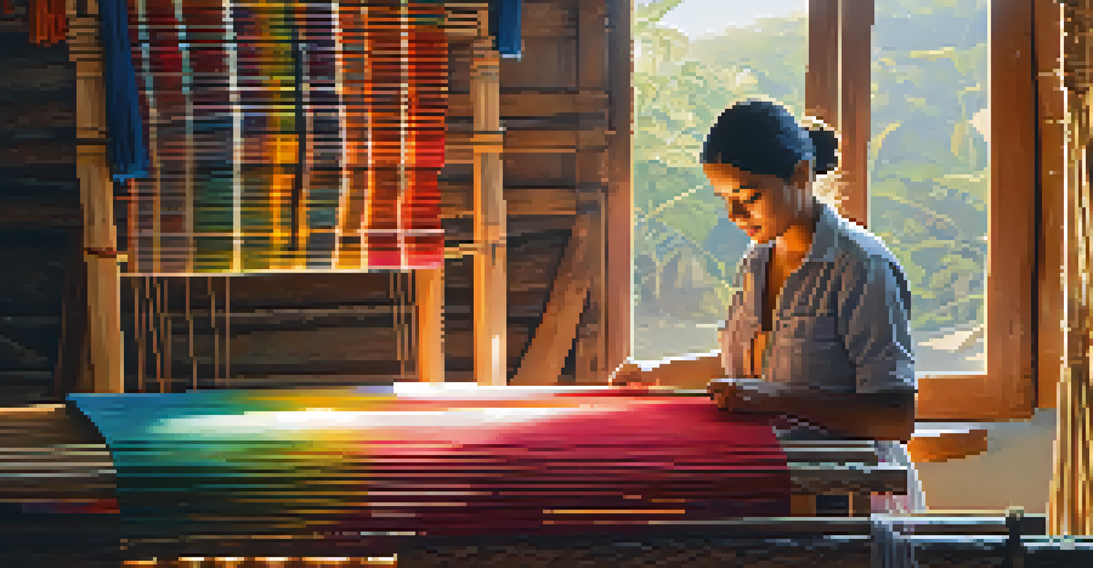 An artisan weaving colorful fabrics in a traditional workshop, with sunlight illuminating the scene.