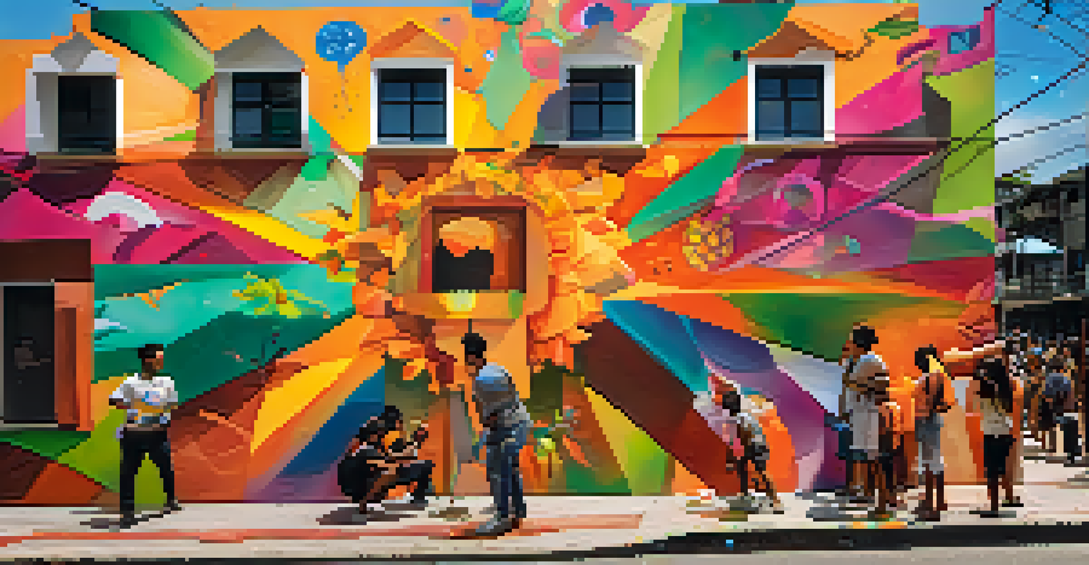 An outdoor mural project in Brazil with local artists and community members collaborating, vibrant colors, and sunlight casting shadows.