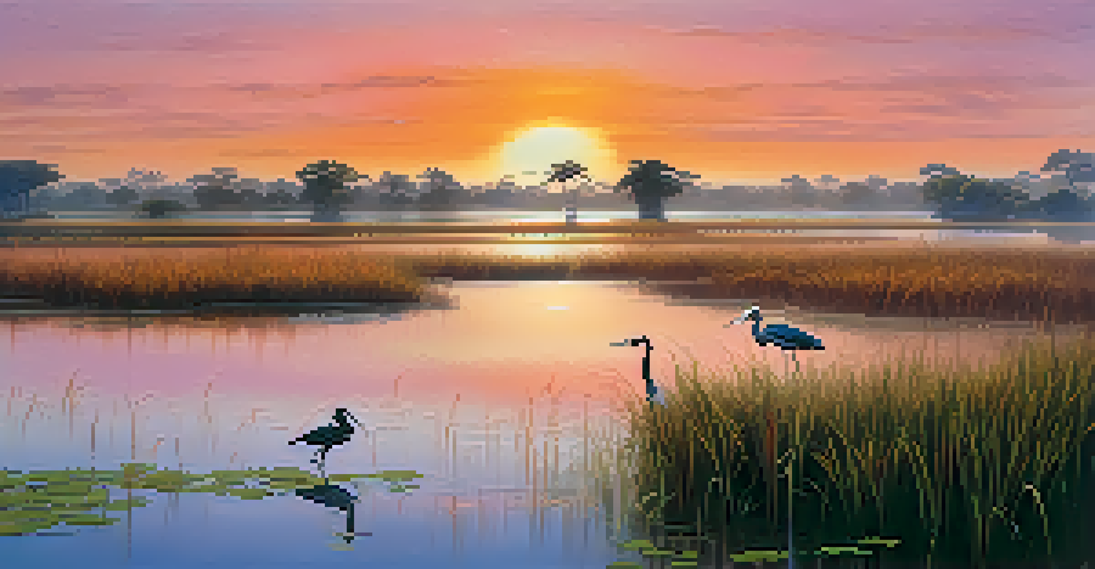 A tranquil sunrise over the Pantanal wetlands, with mist rising from the water, tall grasses, and birds wading in the shallows, set against a colorful sky.