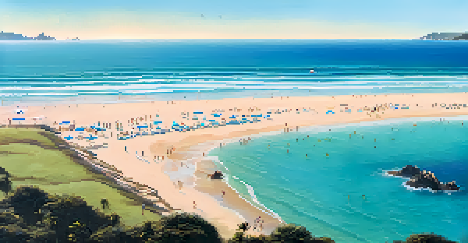 Aerial view of the Rota do Sol with cyclists on the beach and clear turquoise waters.