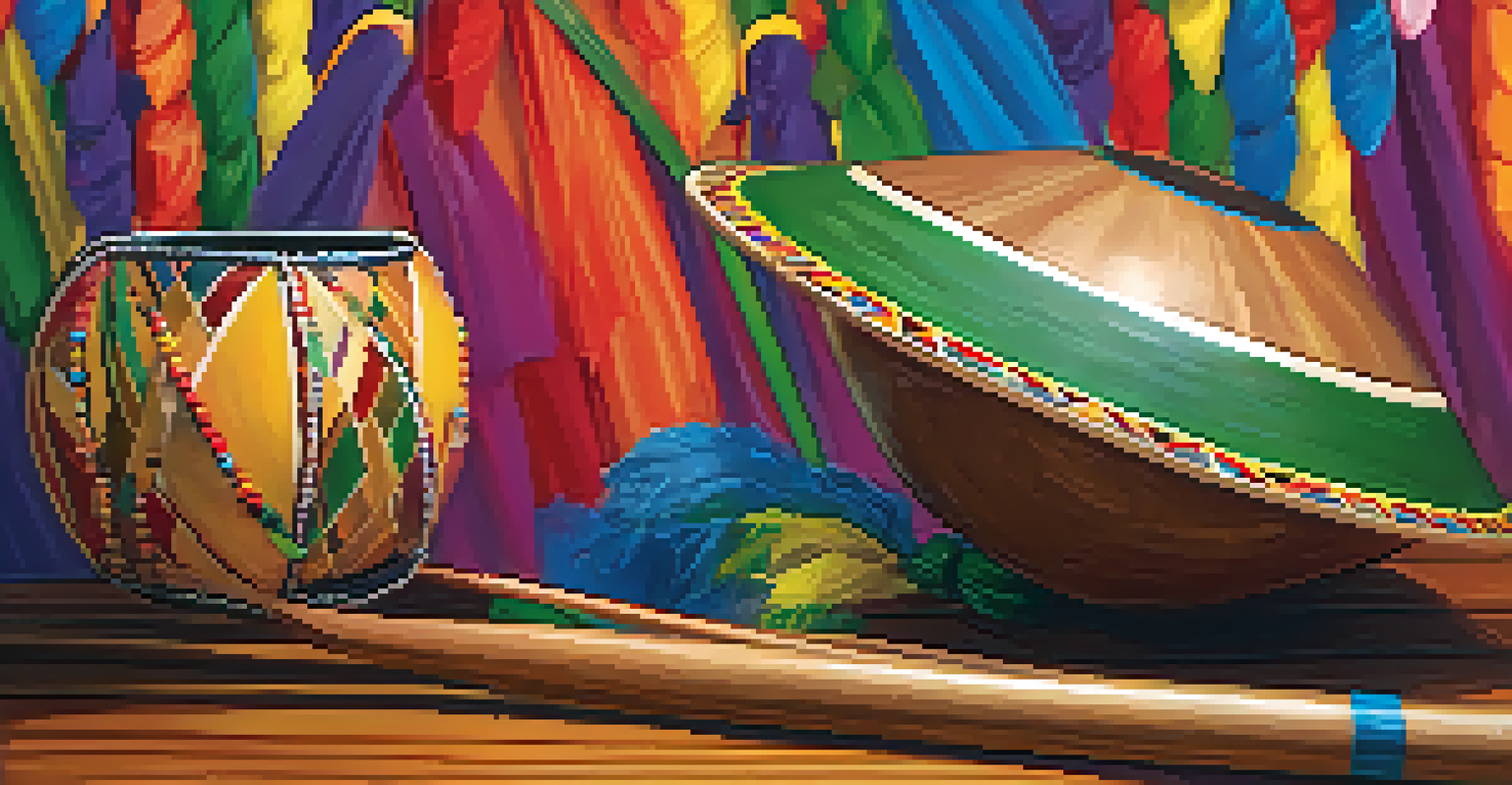 A close-up of a berimbau, a traditional Brazilian musical instrument, with colorful Carnaval decorations in the background.