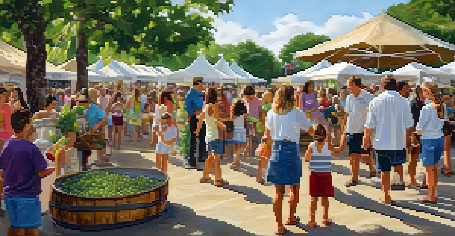 Families enjoying a wine festival with children stomping grapes and playing games, alongside parents tasting wines.