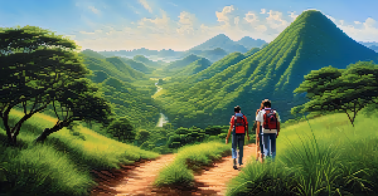 A group of people hiking through a lush green trail in the Brazilian countryside with mountains in the background.