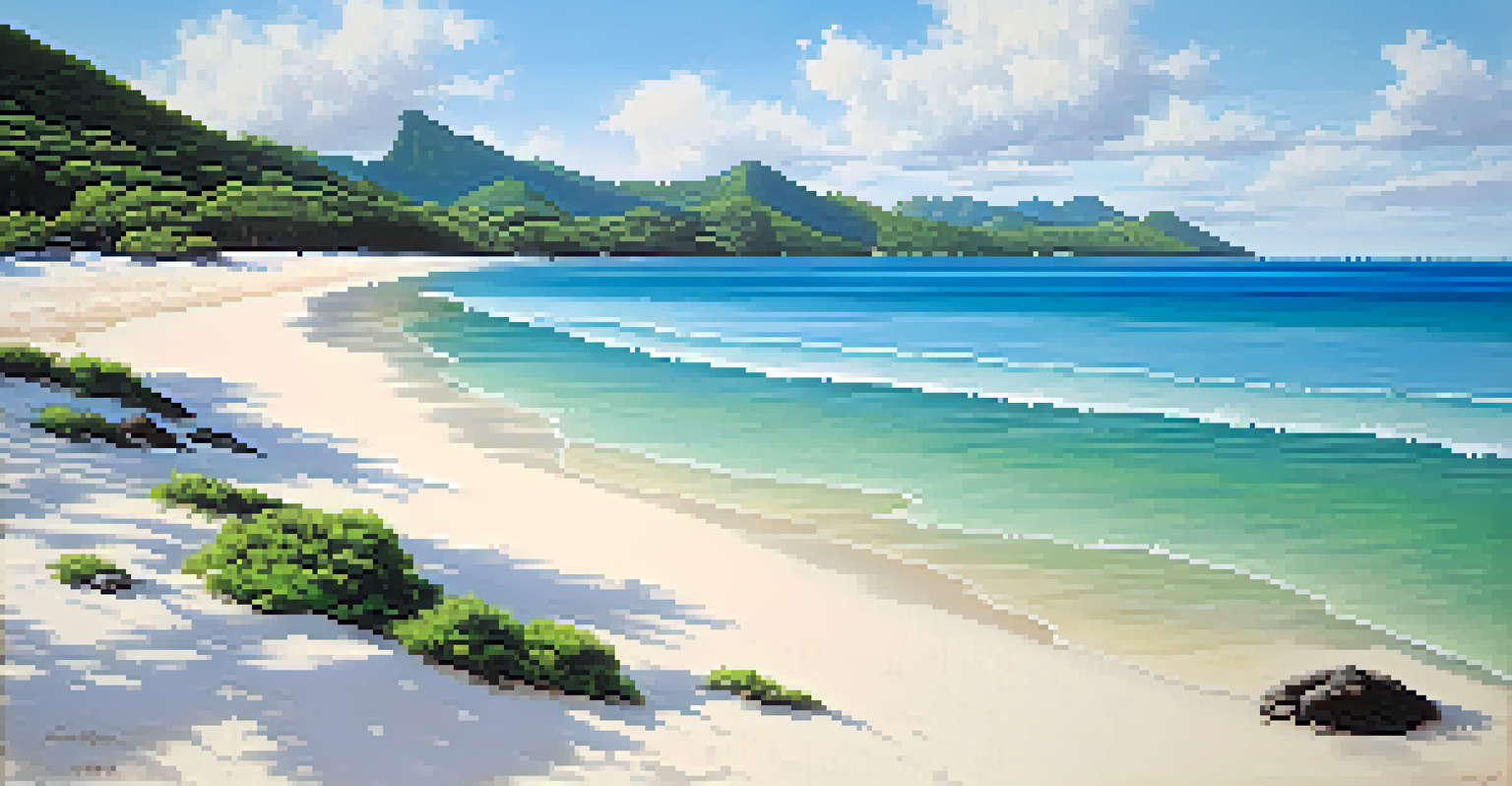 A peaceful beach on Ilha do Cardoso with soft white sands and clear turquoise waters, surrounded by green hills and blue skies.