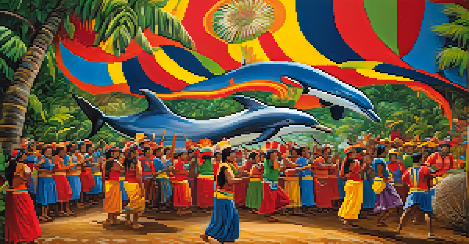 A lively Amazonian village celebration showcasing vibrant murals of the Boto and villagers in traditional attire dancing and celebrating.