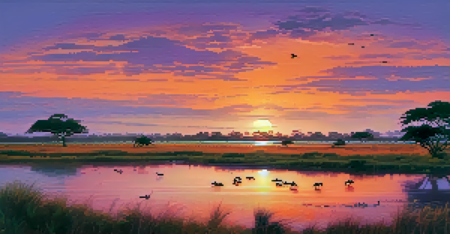 A sunset over the Pantanal wetlands with grazing capybaras, lounging caimans, and colorful birds in the sky.