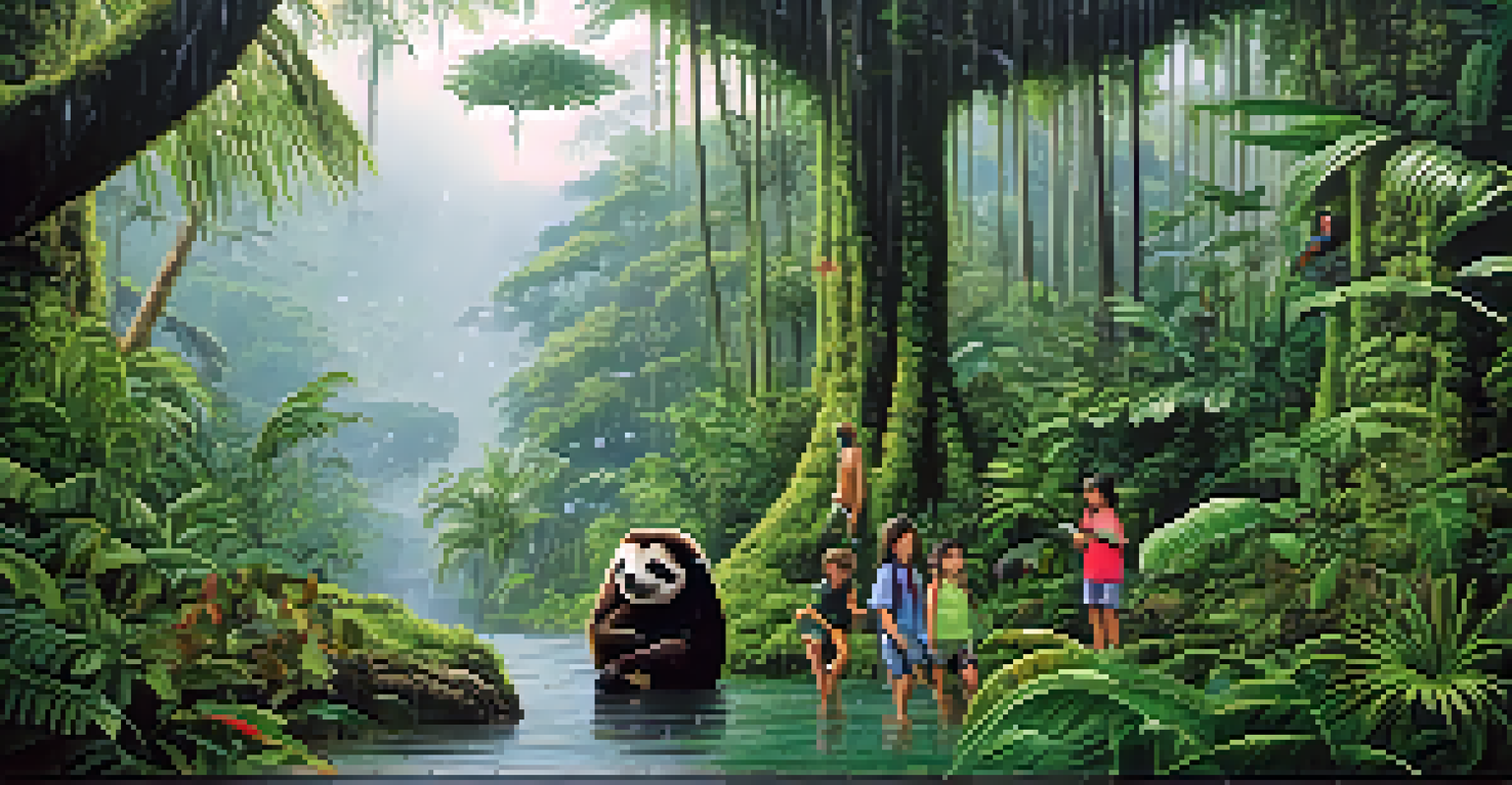 A family in the Amazon rainforest, looking at wildlife like a sloth and toucan amidst lush greenery and raindrops.