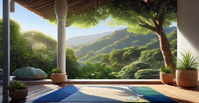 A peaceful garden at a wellness retreat in Brazil with a yoga mat under a tree and colorful flowers.