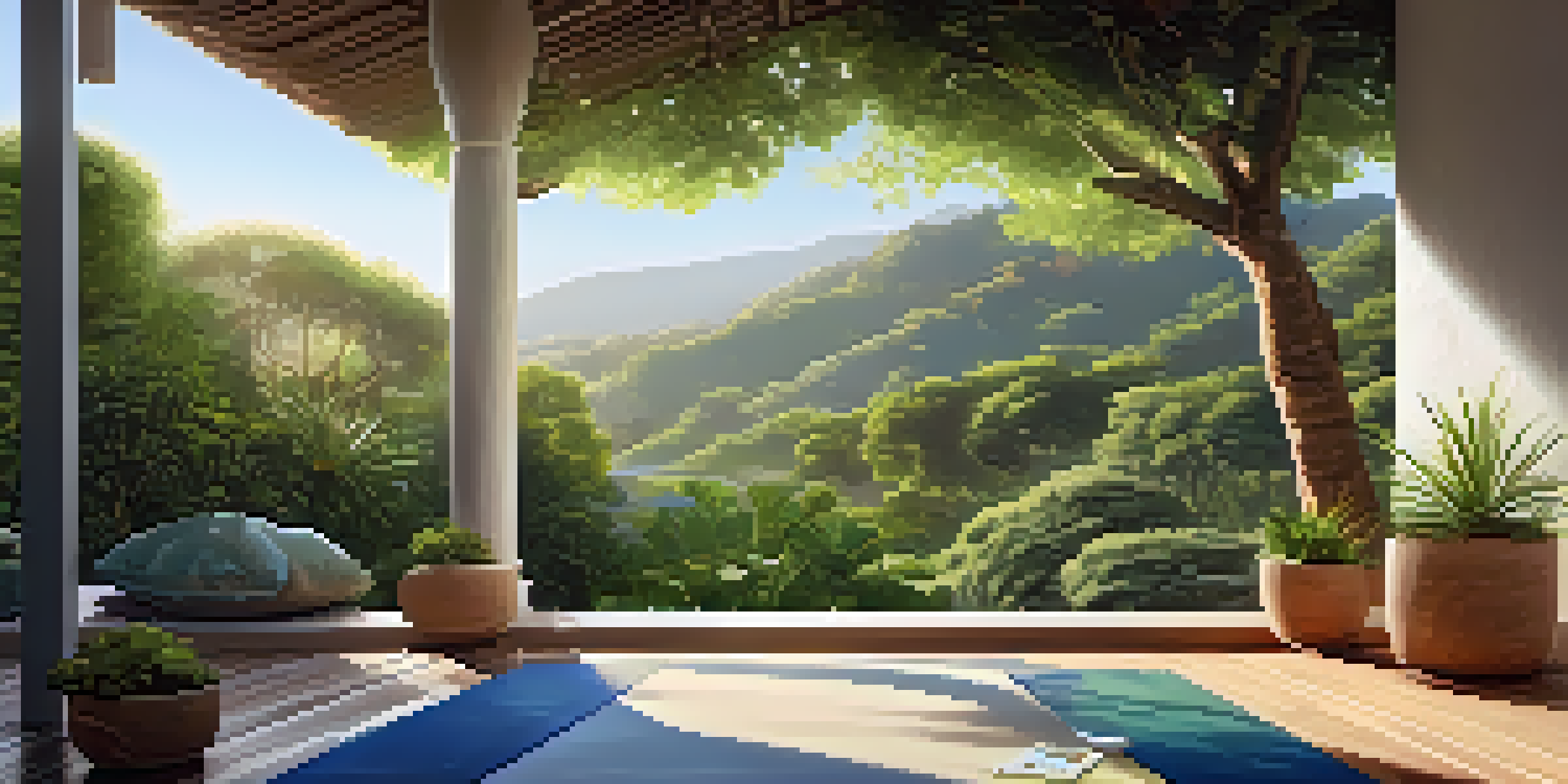 A peaceful garden at a wellness retreat in Brazil with a yoga mat under a tree and colorful flowers.