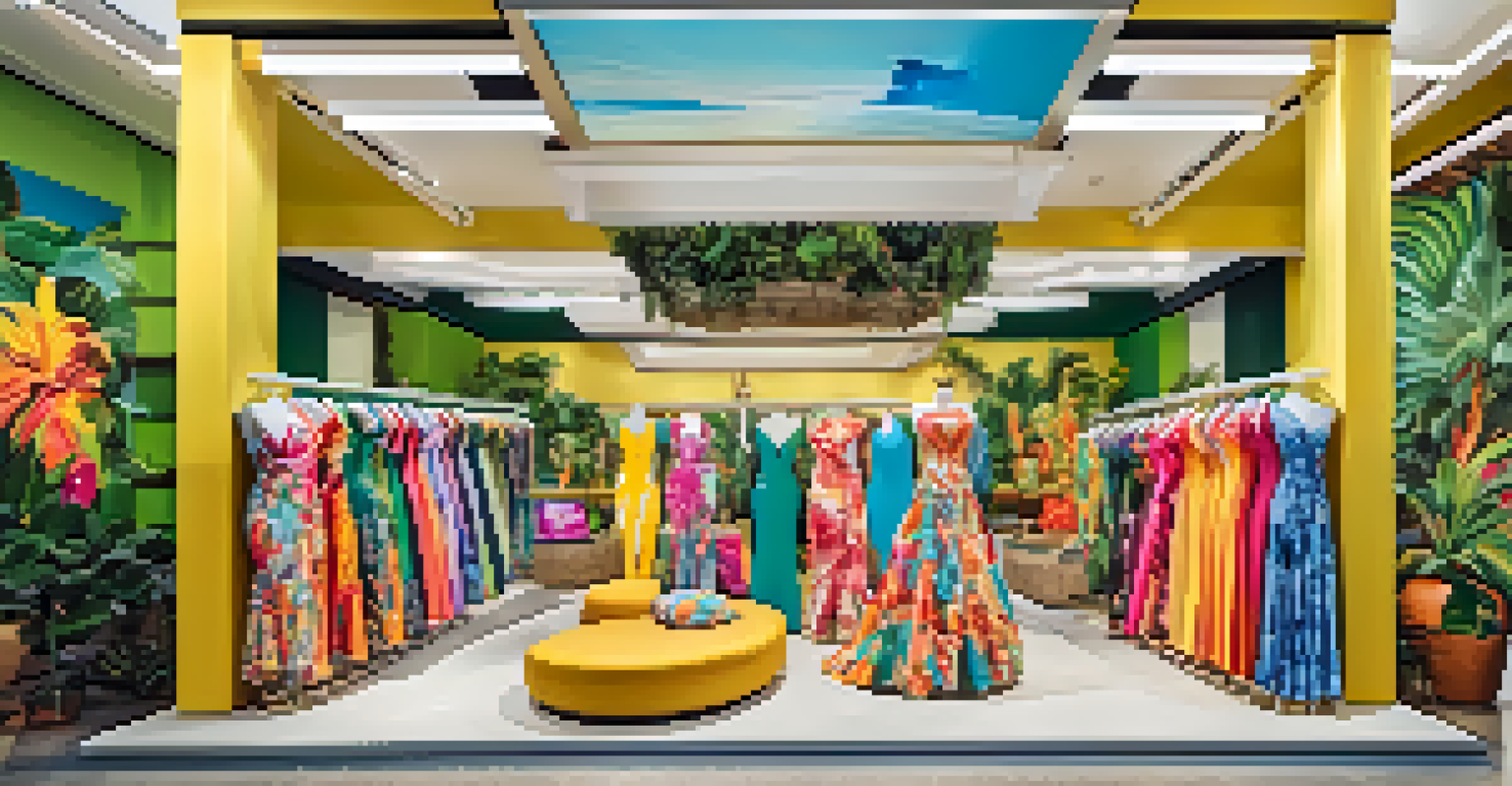 A boutique showcasing colorful dresses and swimwear with bold tropical designs inspired by Brazilian culture.