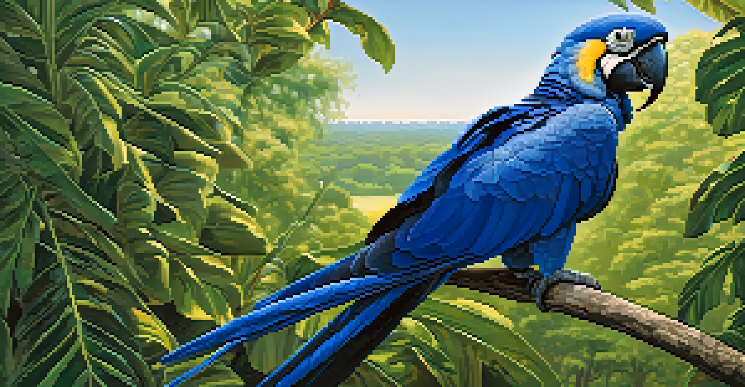 A close-up of a hyacinth macaw sitting on a branch in the Pantanal, surrounded by green foliage.