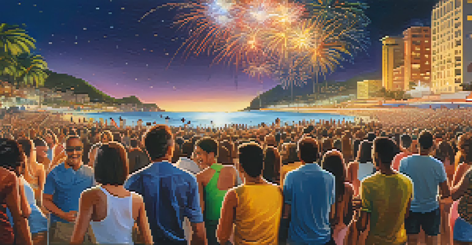 A group of people sharing New Year's resolutions on the beach, with fireworks illuminating the night sky.