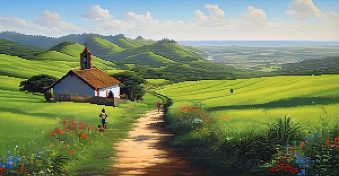 A peaceful view of the Caminho da Luz pilgrimage route with pilgrims walking on a dirt path surrounded by green hills and a church in the distance.