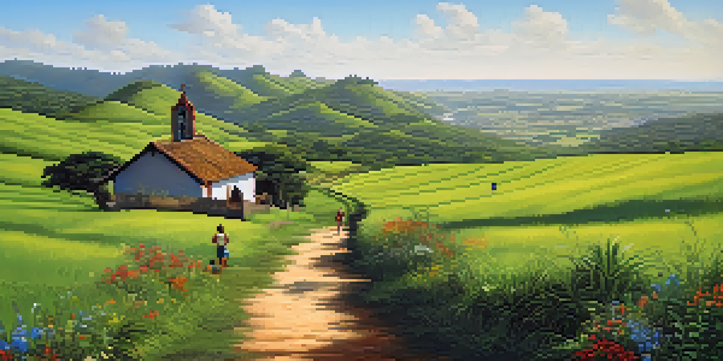 A peaceful view of the Caminho da Luz pilgrimage route with pilgrims walking on a dirt path surrounded by green hills and a church in the distance.